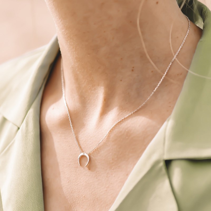 Collier Fin Argent Pendentif Lune Pierre Precieuse Zirconium