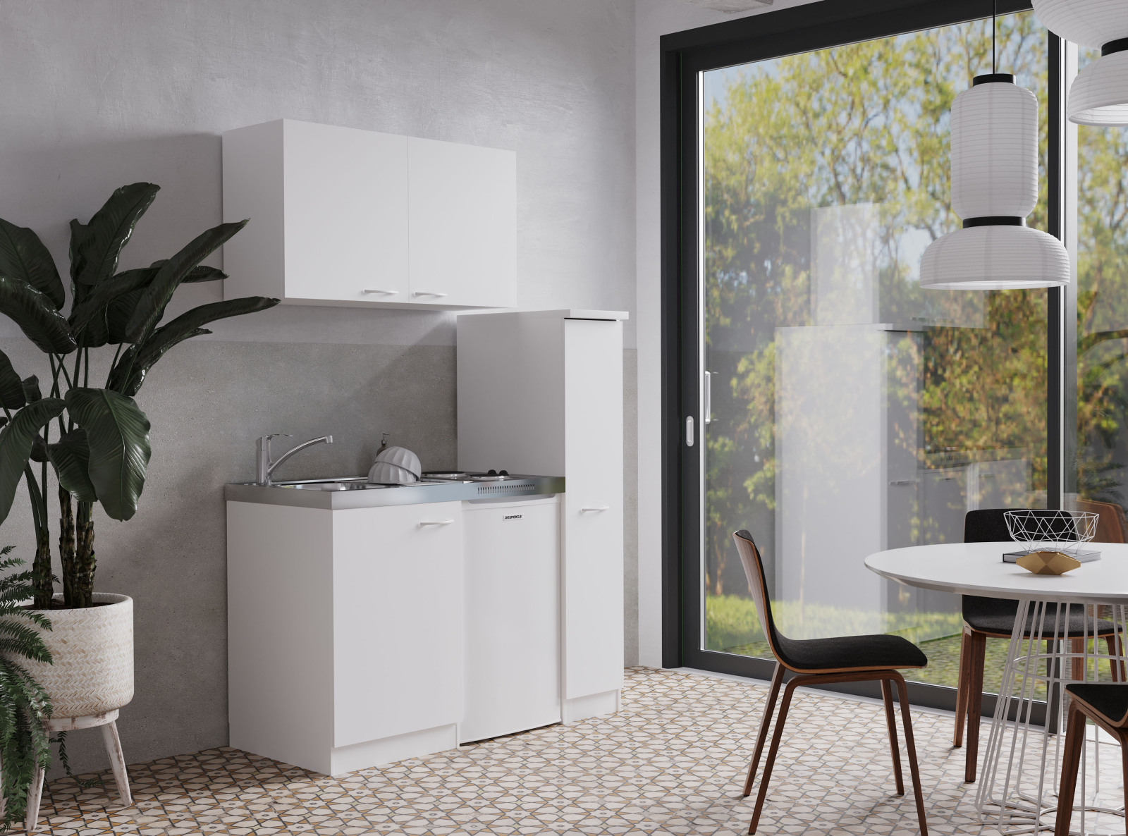 RESPEKTA Miniküche - weiß - mit Kühlschrank und Kochfeld - 130 cm