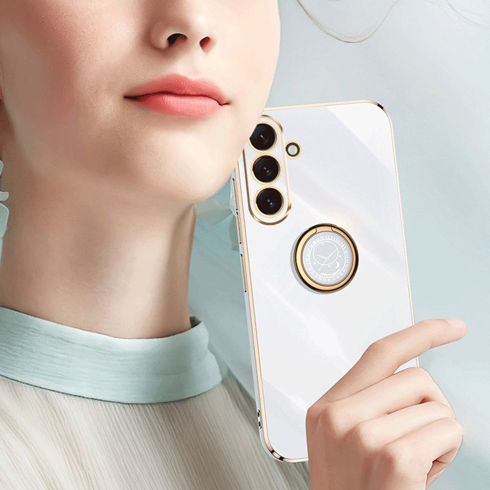 Samsung Galaxy A54 5G Gummi Case Hülle Galvanisierter Rahmen mit Finger Griff Ring Halterung   Kameraschutz - Rosa / Roségold
