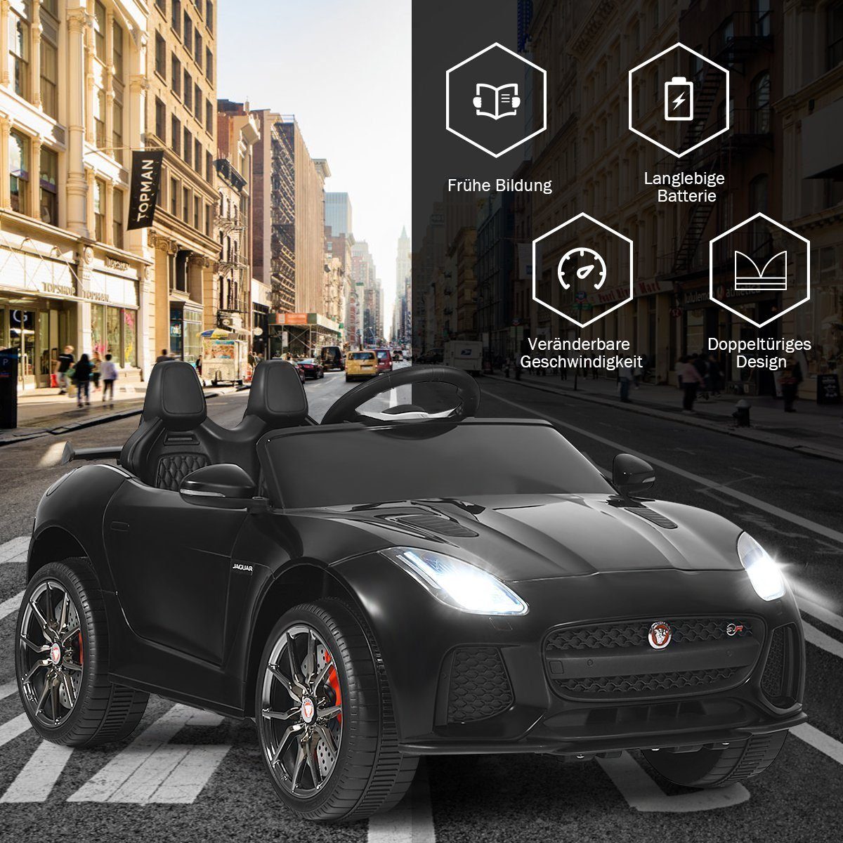 Carrinho elétrico infantil COSTWAY Jaguar, com histórias e música.