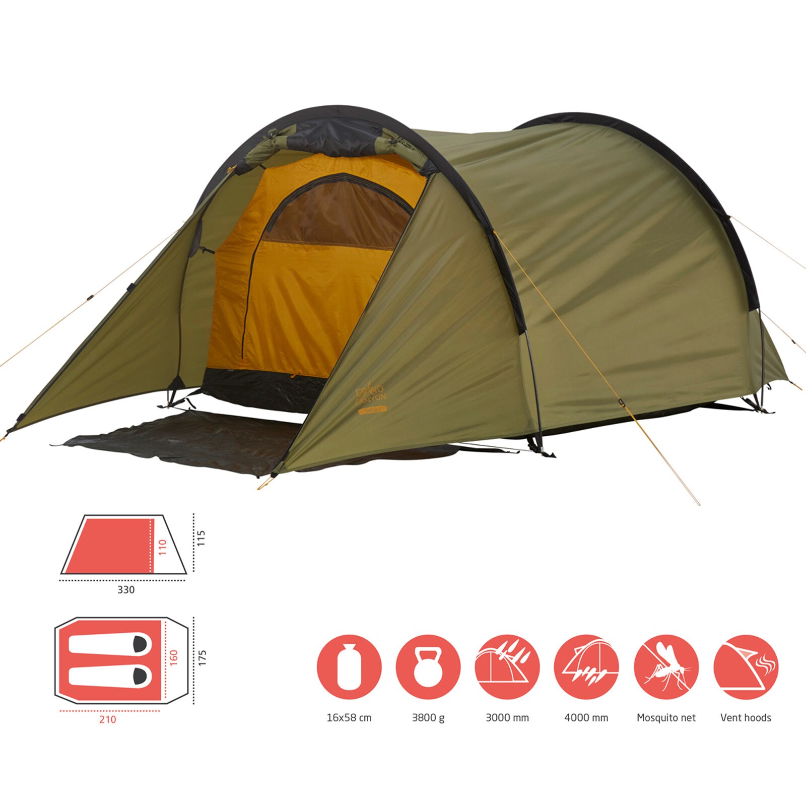 GRAND CANYON Tunelzelt Robson 2 Personen Zelt Familien Camping Leicht Vorraum Farbe: Blue Grass