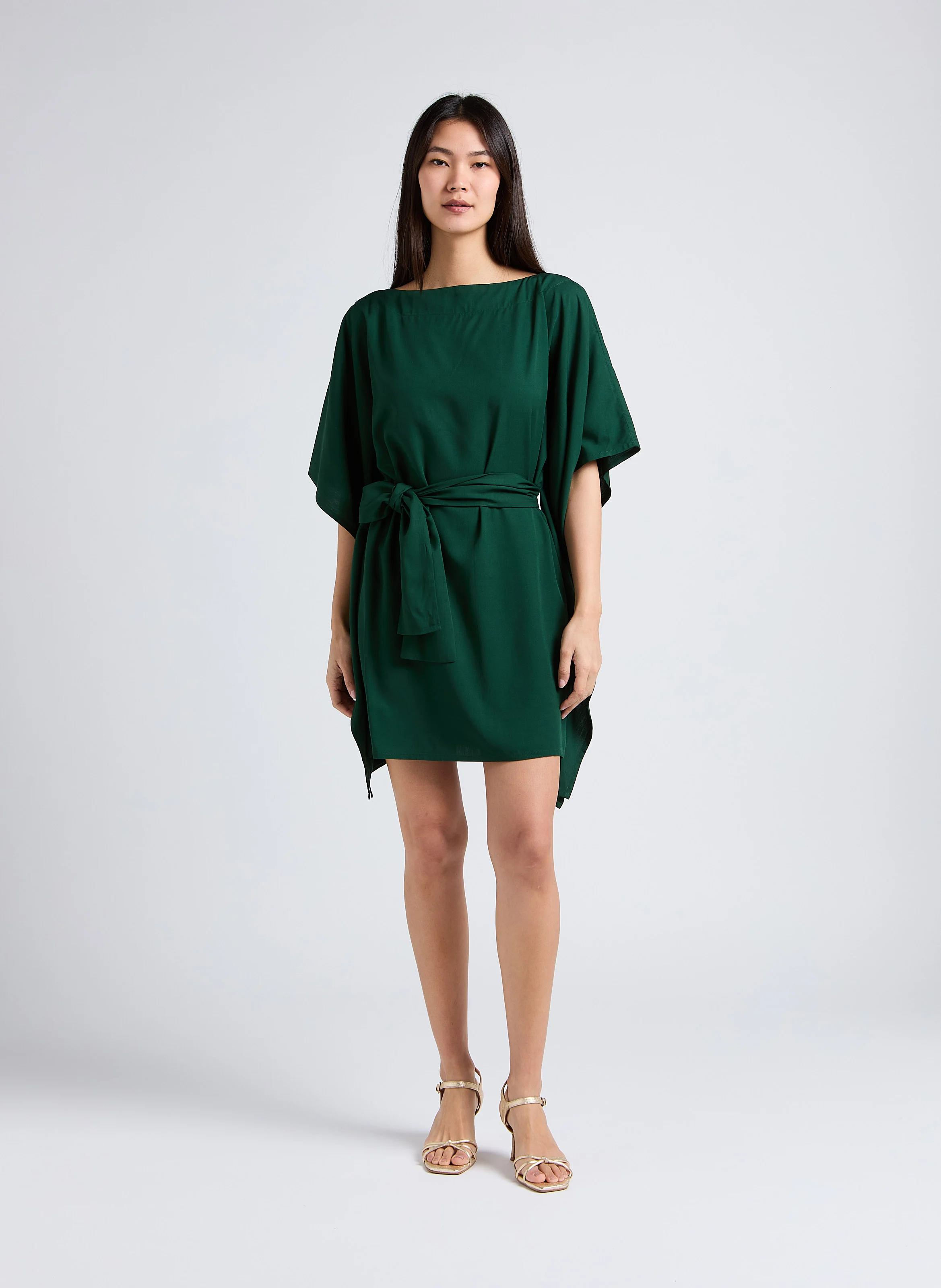 KIMONO - Robe midi ample kimono ceinturée à col bateau | Vert