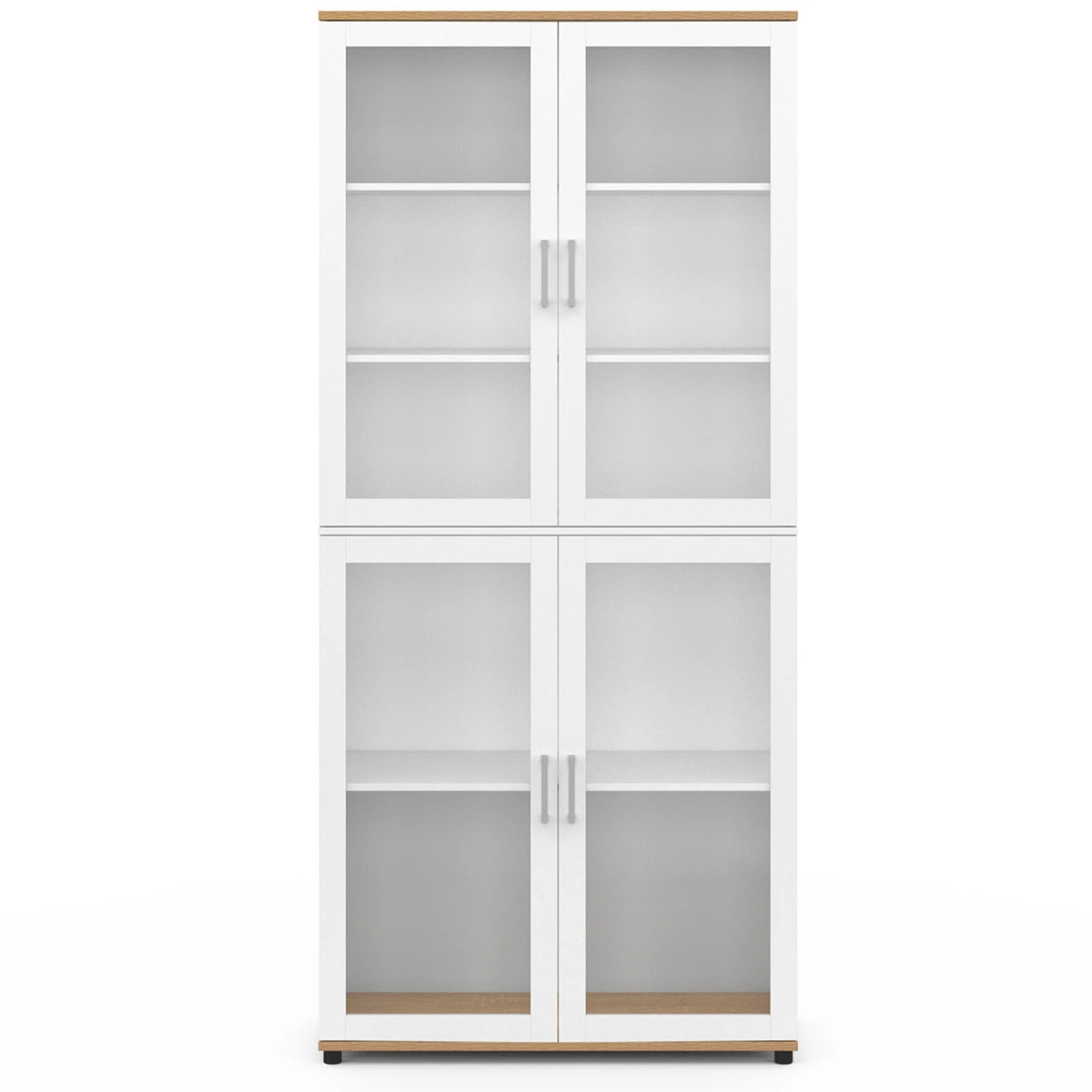 Vitrine buffet haut H. 176 cm vaisselier VITO 4 portes vitrées blanc et bois