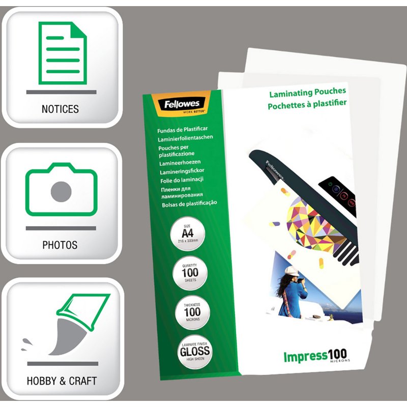 Pochettes de plastification Fellowes A4 2 x 100 µ brillantes - Boite de 100