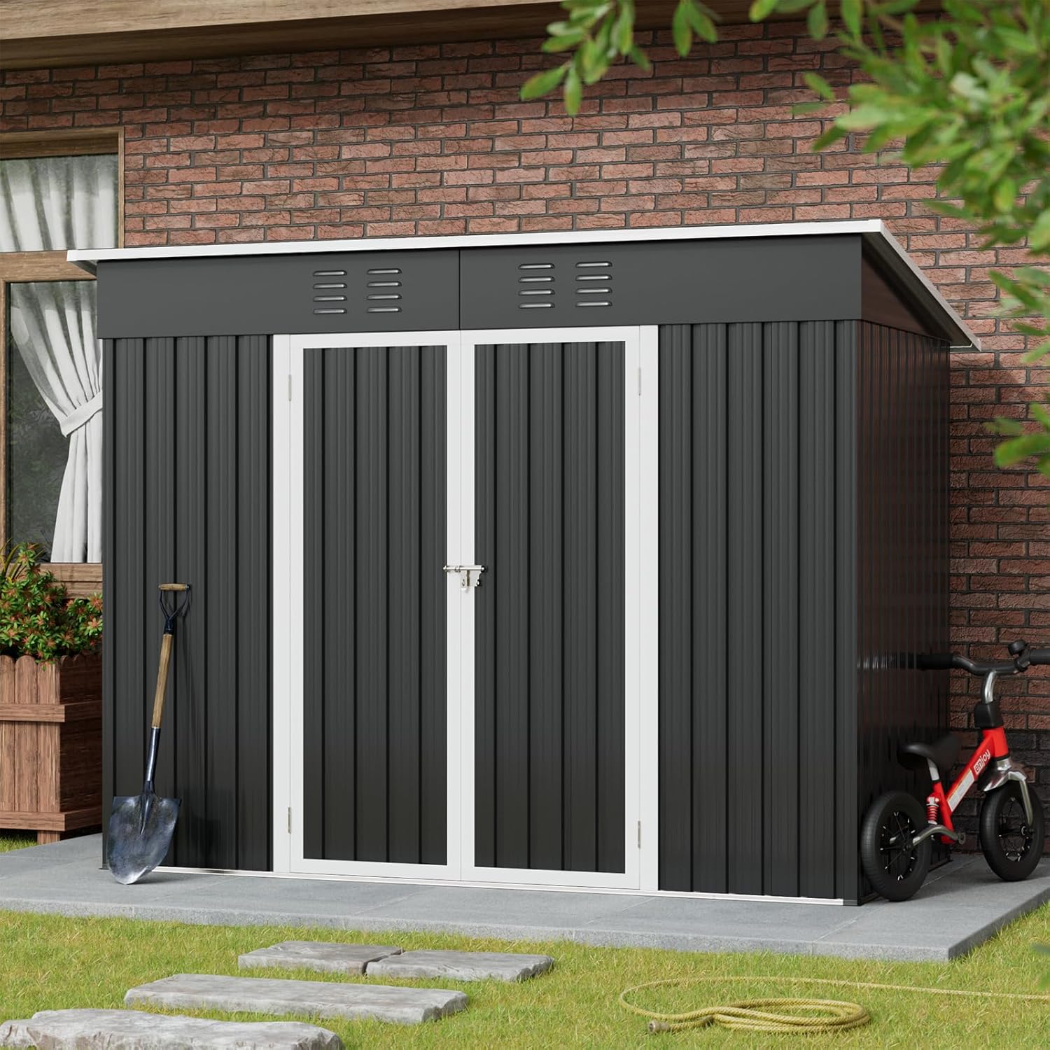 Amopatio Gerätehaus, Gartenhaus mit Pultdach, Geräteschuppen 228x109x182 cm (BxTxH), Gartenhaus Metall mit Tür, Verzinkte Gartenhülle Metall-Schuppen mit Fundamentrahmen, Schwarz