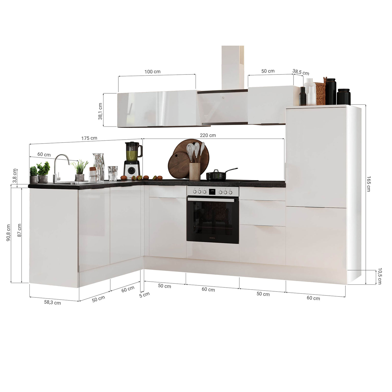RESPEKTA Winkelküche - grau matt - weiß matt - mit E-Geräten - 280x175 cm