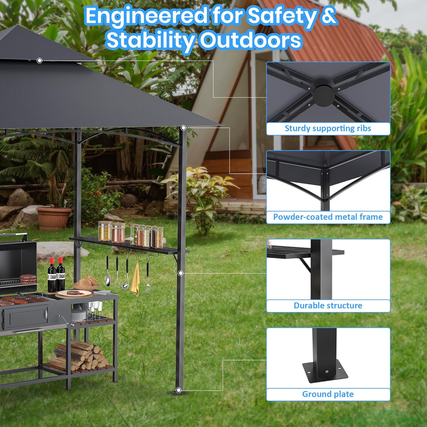 GVDV Grillpavillon 2,4 x 1,5 m – Wetterfeste Grillüberdachung mit 2-stufigem Dach, Ablagen, 10 Haken & Flaschenöffner – Grill Pavillon für Garten & BBQ, Dunkelgrau