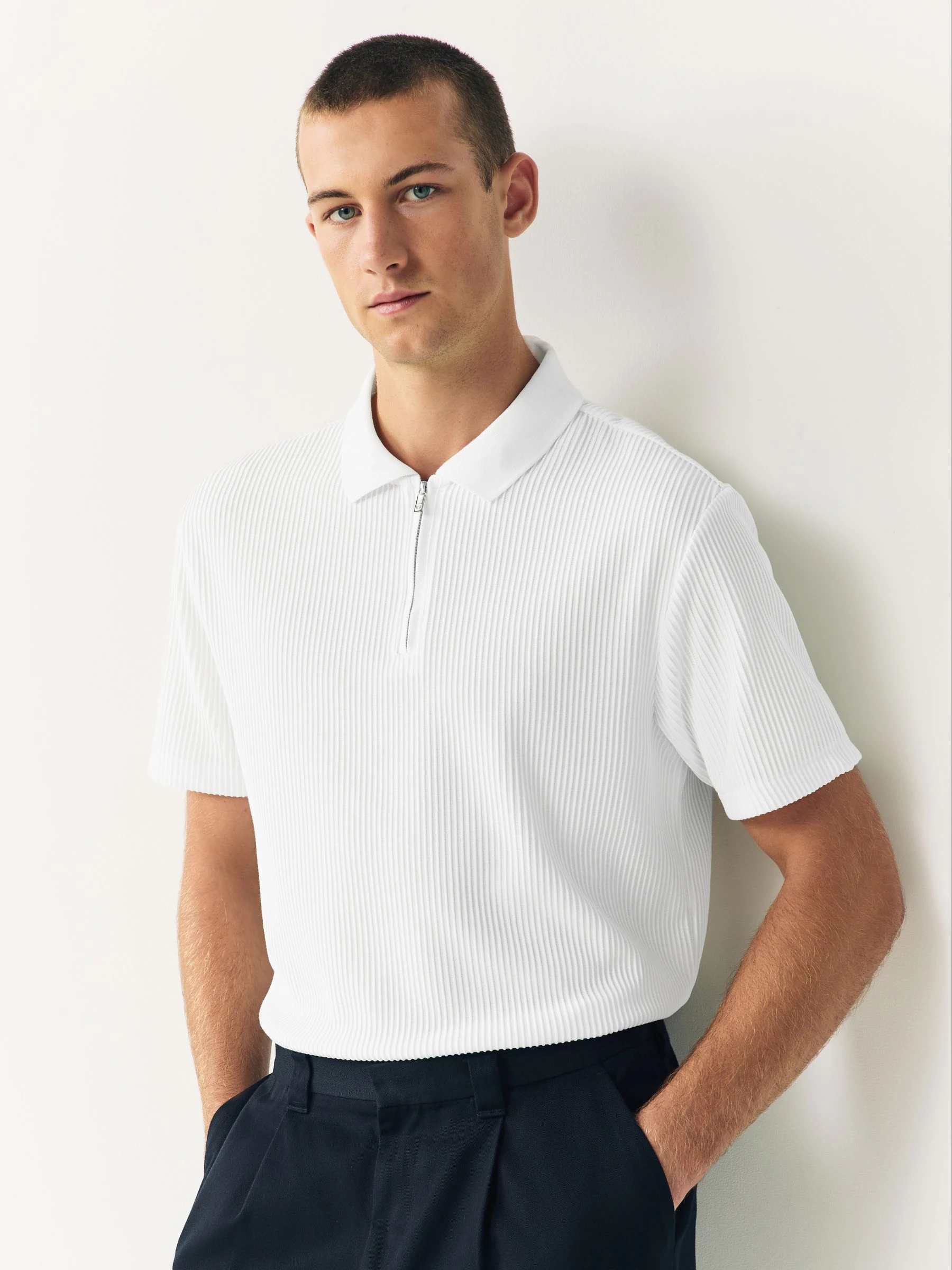Ecru wit - Smart poloshirt met textuur en rits