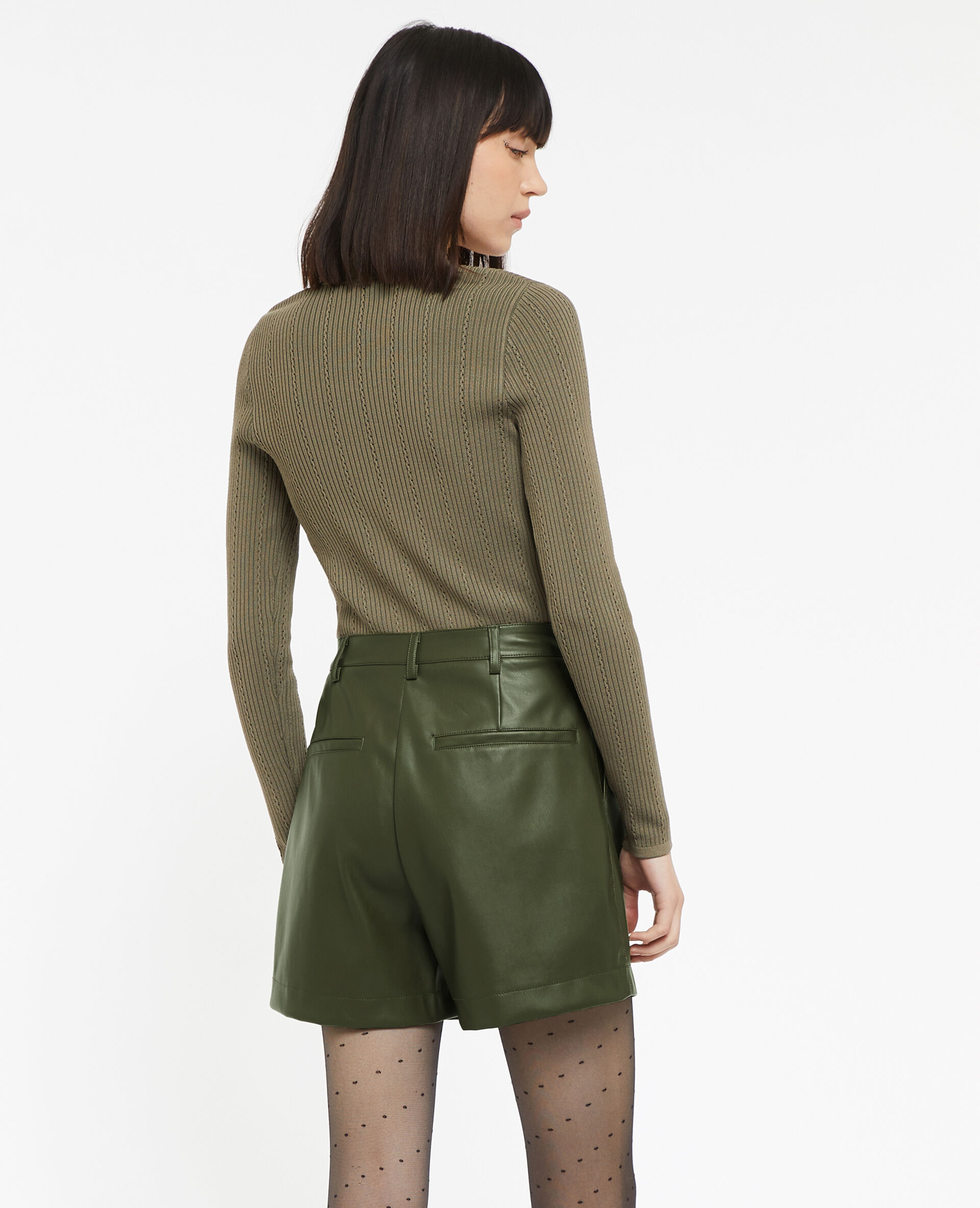 Short taille haute en simili cuir avec pinces - Vert kaki