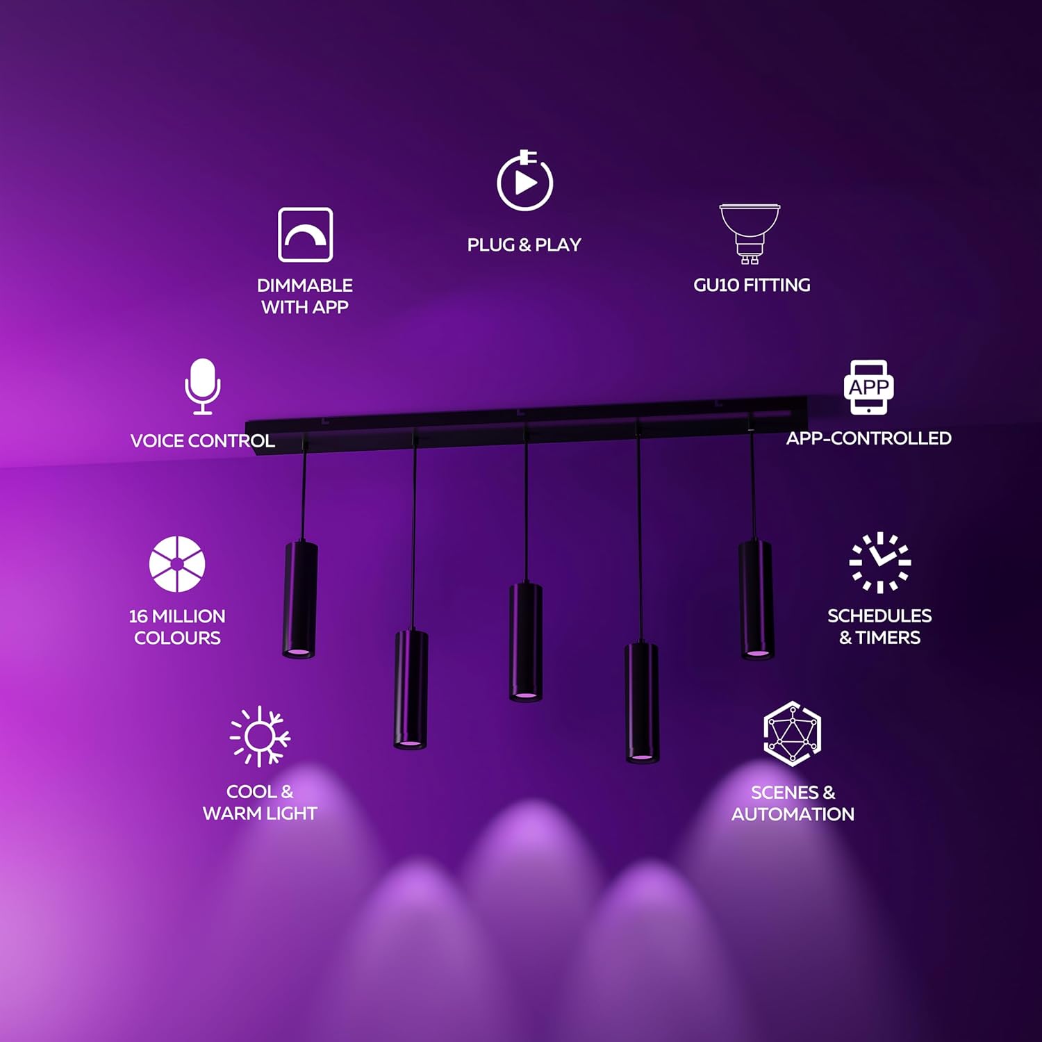 CALEX Smart LED Pendelleuchte, GU10, 5-flammig, höhenverstellbar, RGB-Farben & kalt- bis warmweiß Licht, dimmbar, WLAN App- & Sprachsteuerung, Matt Schwarz