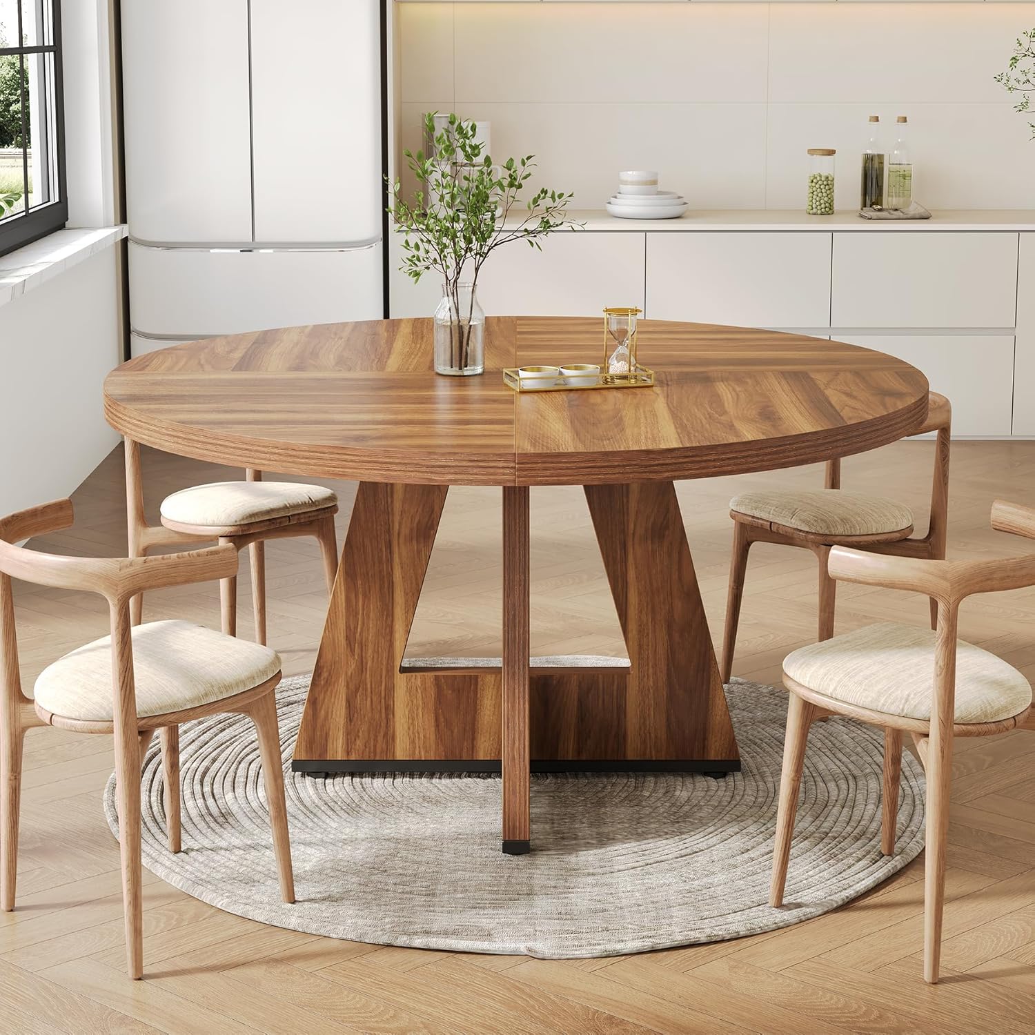 LITTLE TREE Runder Esstisch für 4–6 Personen, 120 cm Esszimmertisch mit Holzsockel, brauner Esstisch, runder Küchentisch für Esszimmer, Küche, Wohnzimmer (nur Tisch)