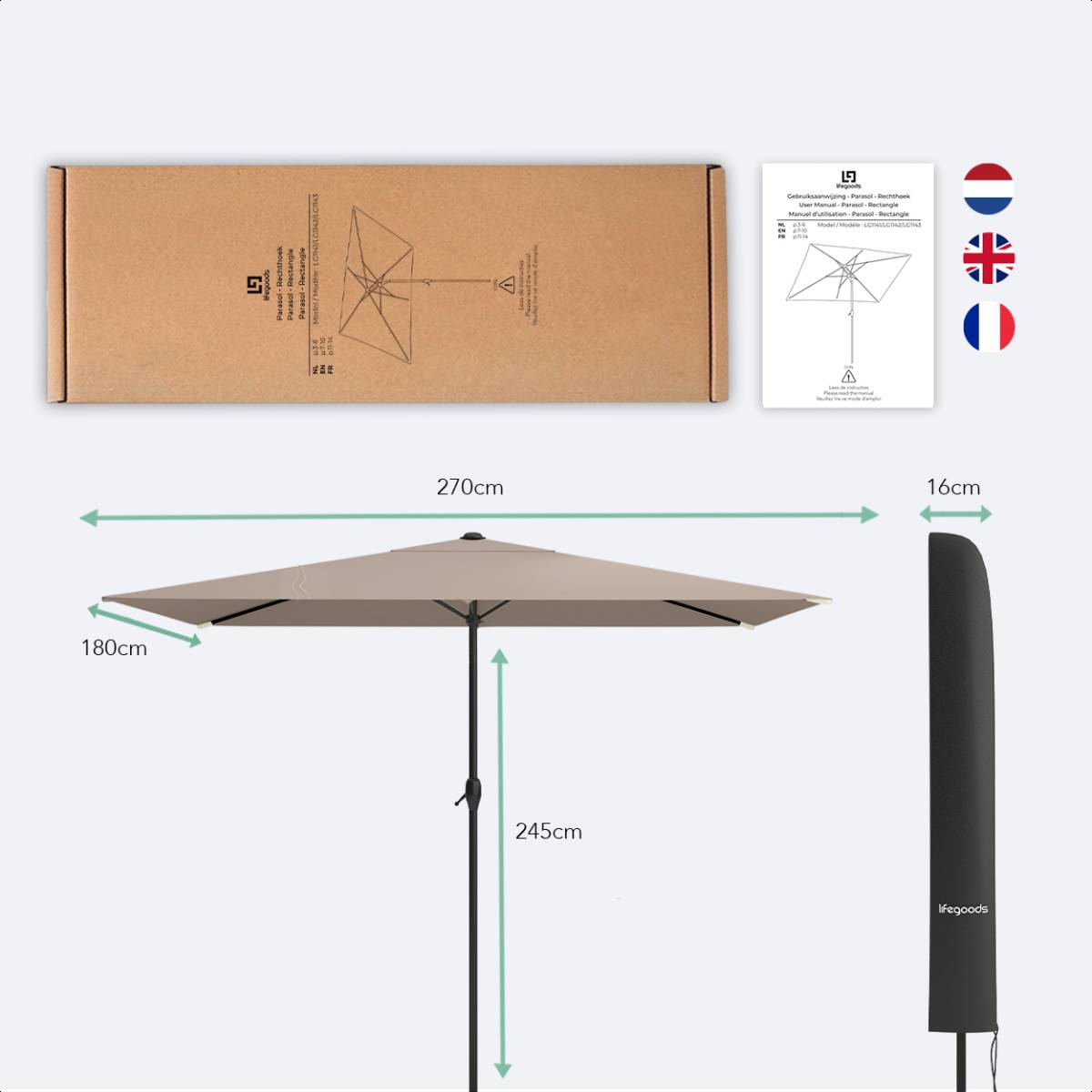LifeGoods 270 x 180 cm parasol - Taupe