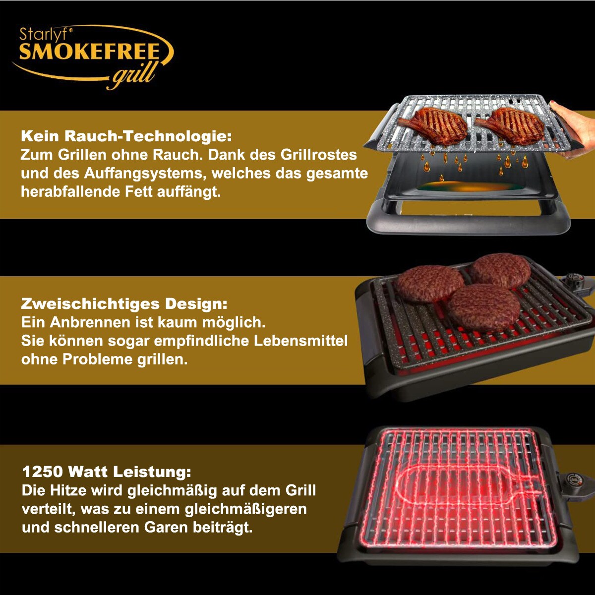 Starlyf® elektrischer Tischgrill - Elektrogrill - regelbares Thermostat Smokefree Grill