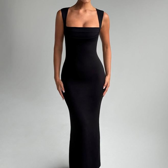 Weaveal - Mouwloze maxi-jurk met vierkante hals en effen kleur