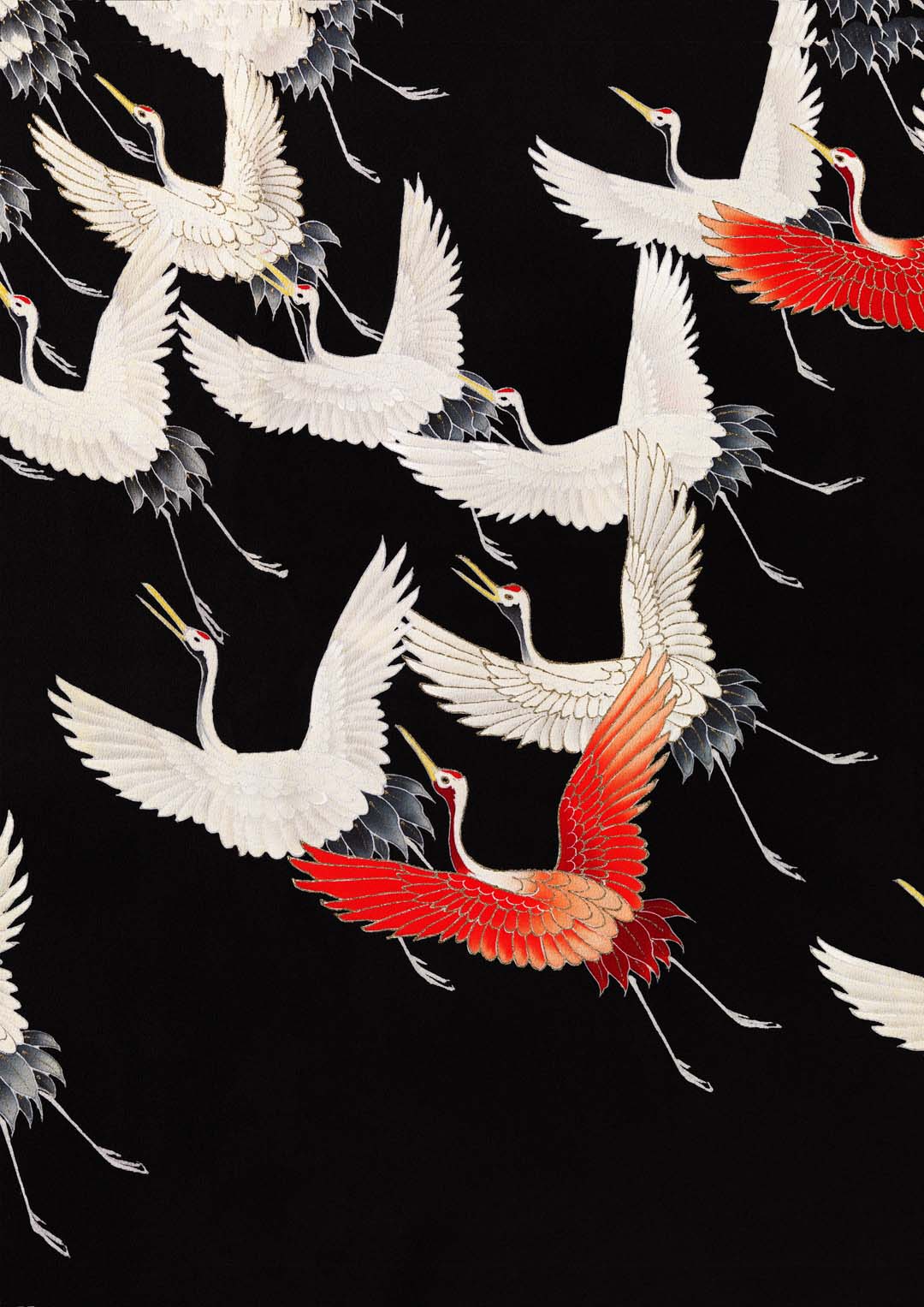 Weiße Kraniche und ein roter fliegender Kimono
