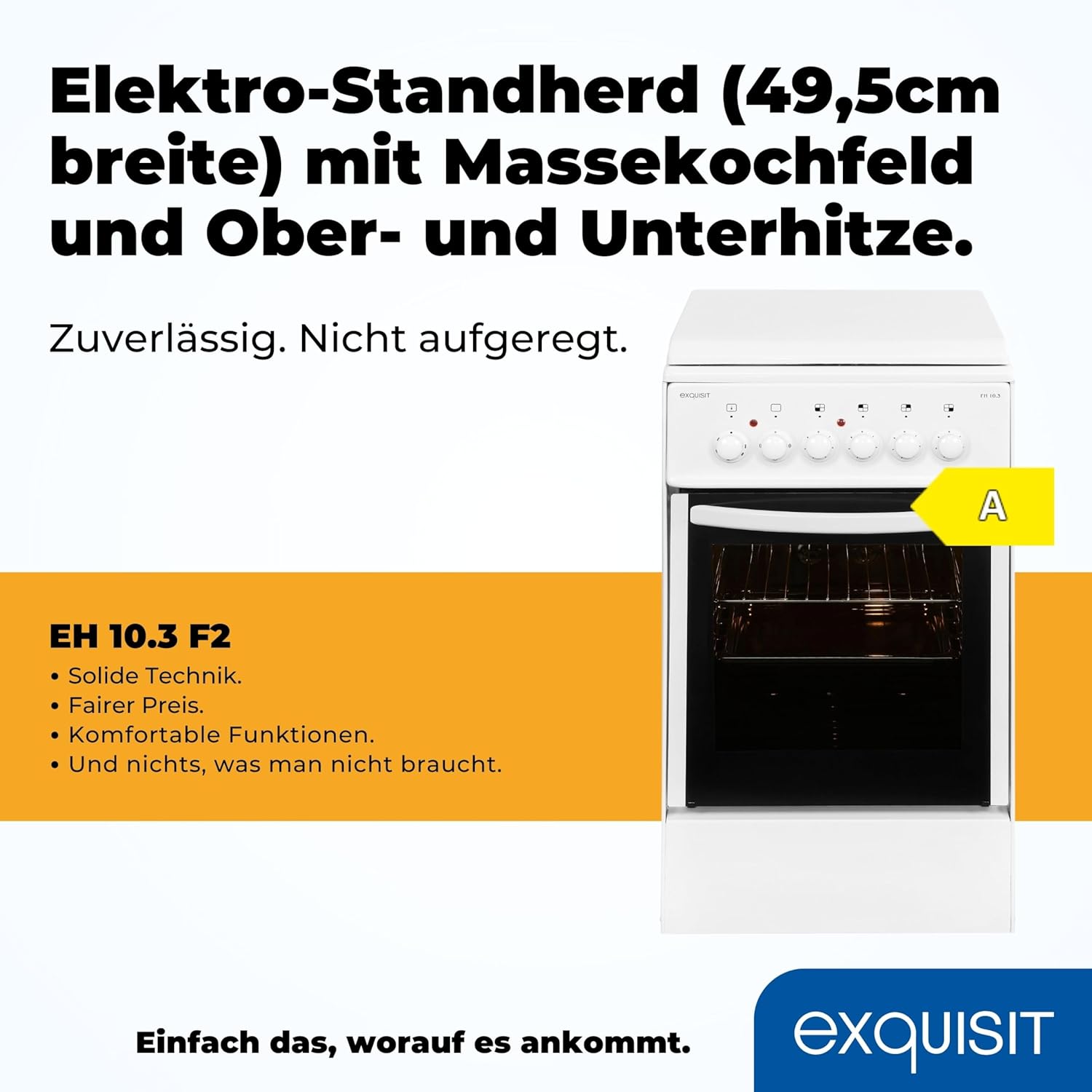 Exquisit Standherd EH 10.3 F2 | Elektro-Standherd | 50 cm | Masse-Kochfeld | 50 L Garraum | Inkl. Deckel | Weiß