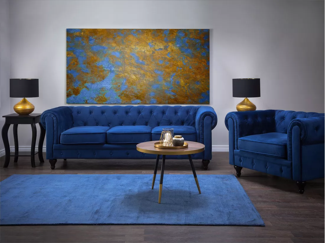 Ensemble canapé et fauteuil en velours bleu cobalt 4 places CHESTERFIELD