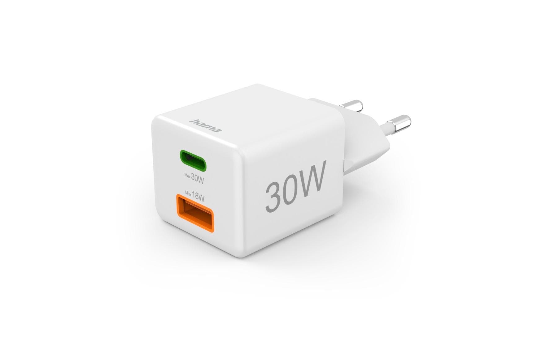 USB-Wandladegerät Gan charger USB-A USB-C 30 W WeissSchnellladegerät mit 1x USB-C und 1x USB-A