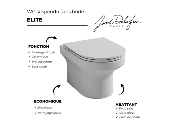Pack WC suspendu sans bride JACOB DELAFON Elite + Bâti support GROHE Rapid SL + plaque blanche Quickfix + porte-rouleau chromé