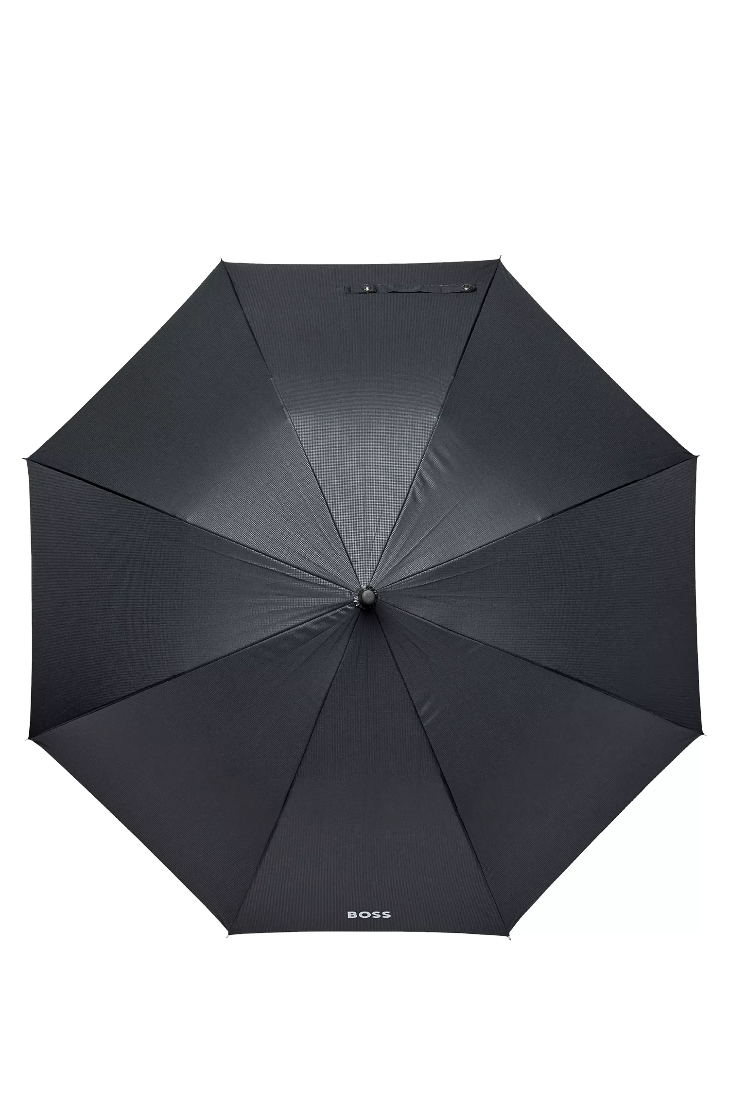 Guarda-chuva BOSS com padrão quadriculado preto e cabo com logotipo em relevo.