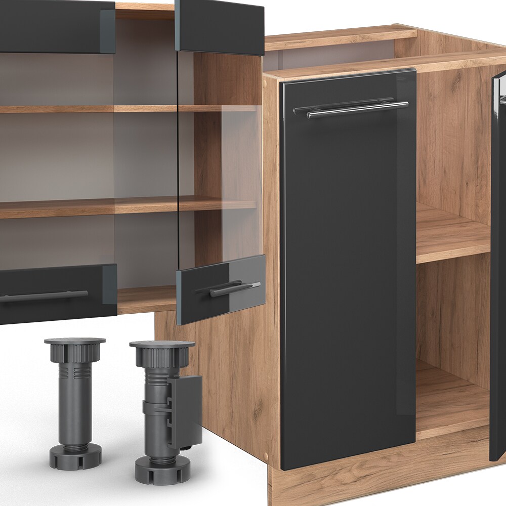 Vicco Küchenzeile Küchenblock Einbauküche Fame-Line Eiche Anthrazit 300 cm modern Küchen Schränke Schubunterschrank Unterschrank Spülenunterschrank Hängeschrank Mikrowellenschrank Geschirrspülerblende