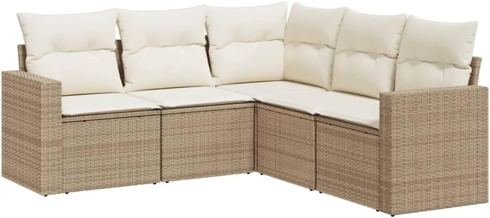 vidaXL Garten Sofa Garnitur 5-TLG., Gartenmöbel Set mit Kissen Stauraum, Sitzgruppe für Garten Terrasse, Modular Gartensofa Lounge, Beige Poly Rattan