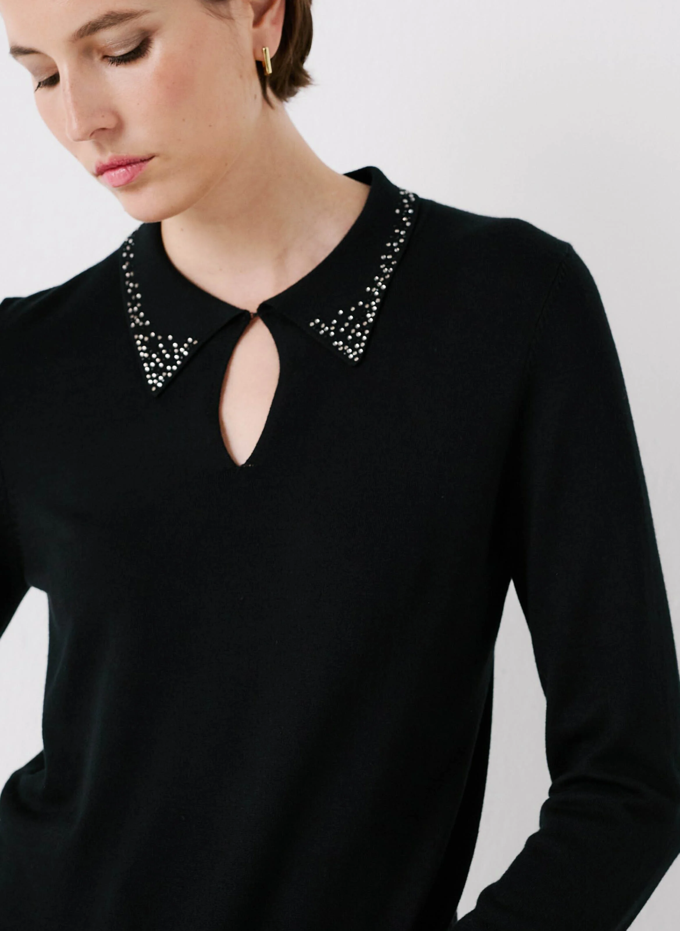 MSARAH - Pull col chemise à strass | Noir