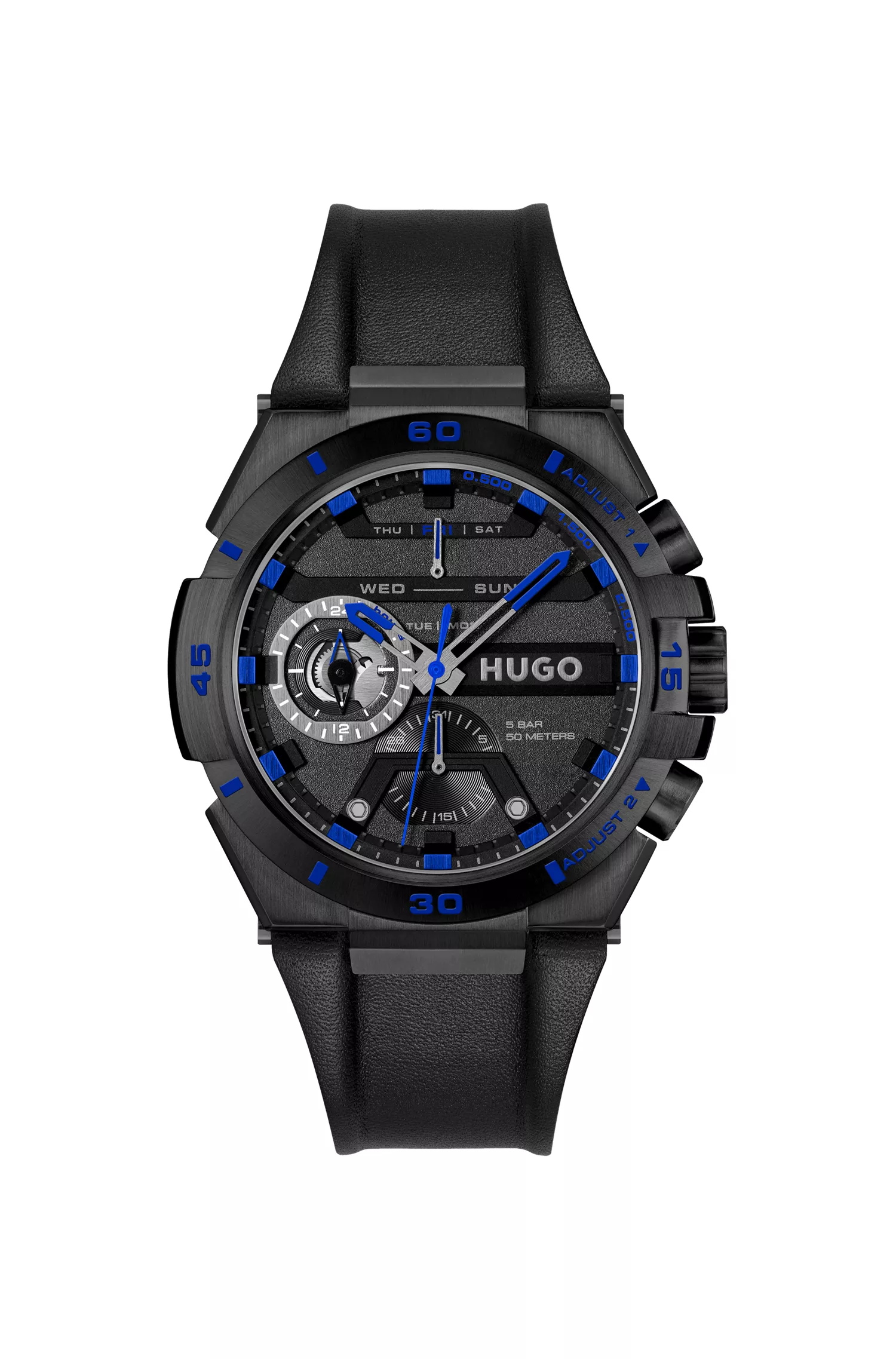 Relógio HUGO com revestimento em vermelho e preto e pulseira de couro.