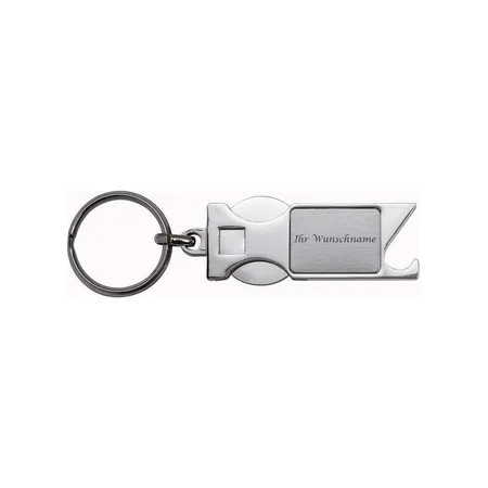 Macma Schlüsselanhänger mit Einkaufswagenchip und Flaschenöffner aus Metall