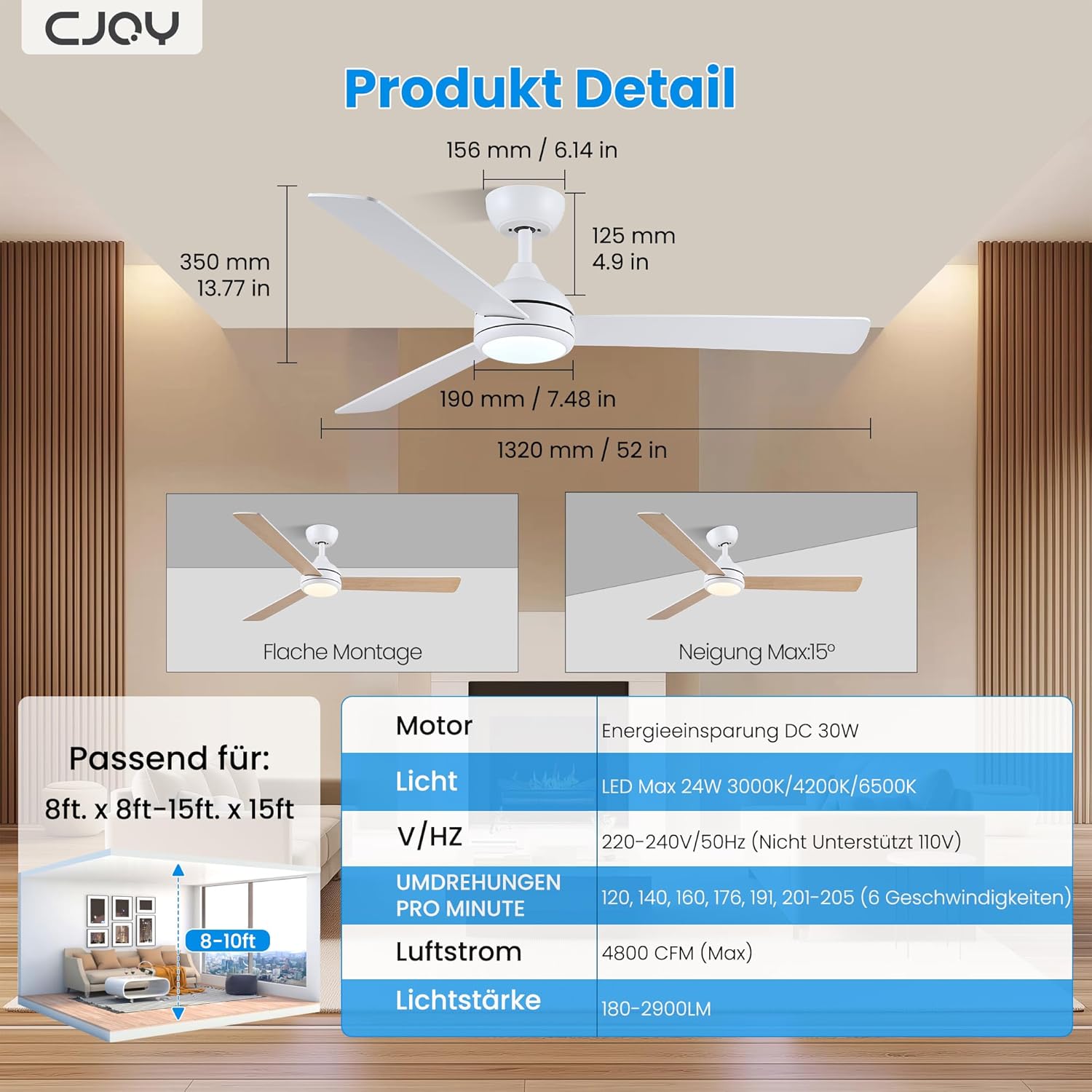 CJOY Deckenventilator mit Fernbedienung,132cm Weiß/Holz Deckenventilator mit Beleuchtung Leise Umschaltbar, Dimmbar, Speicher 3CCT, Ruhemodus, Timer, Deckenventilatoren für Schlafzimmer, Wohnzimmer