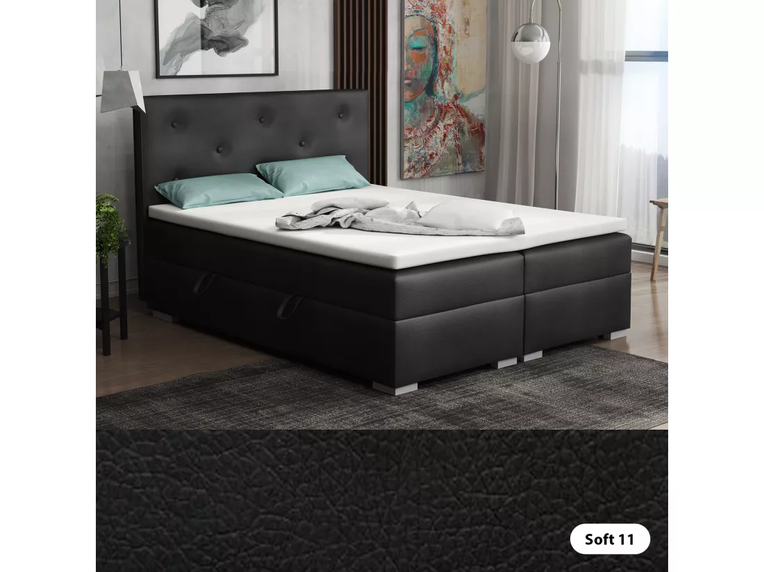 Lit Boxspring avec tiroirs de lit, Coffre de lit Topper Atlanta 180x200 cm, Soft 11 (Noir)