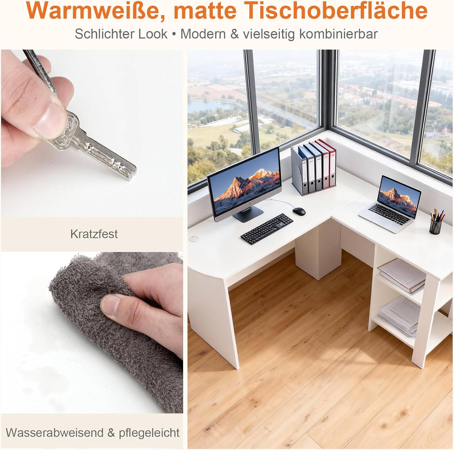Sweetcrispy L-Form Schreibtisch mit Regal & Schrank, 130x130x74cm Eckschreibtisch, Starker Gaming Tisch mit Ablageflächen, Einfacher Montage, Weiß