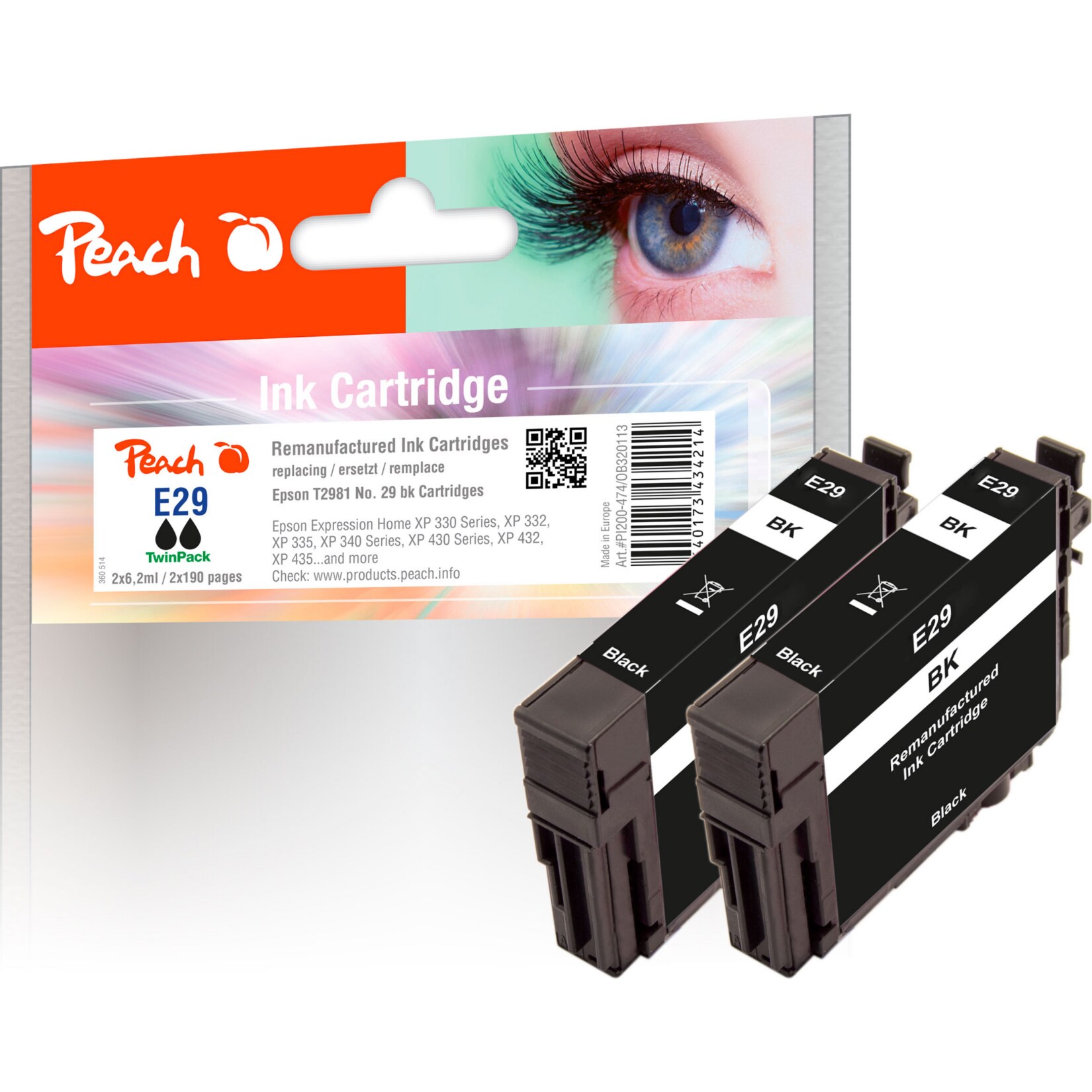 Peach E292 Druckerpatronen 2*bk ersetzt Epson T2981, No. 29 bk*2, C13T29814010*2 für z.B. Epson Expression Home XP -235 (wiederaufbereitet)