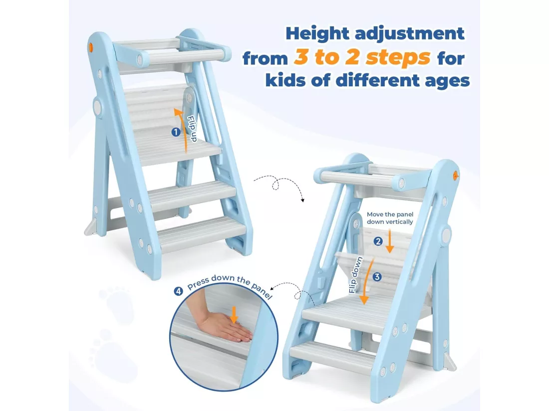 Onasti Chaise Haute Bébé HDPE,Tour d'Apprentissage 18 mois-6 ans Hauteur Réglable,Repose-pieds Antidérapants,Pliable,Sécurité - Bleu