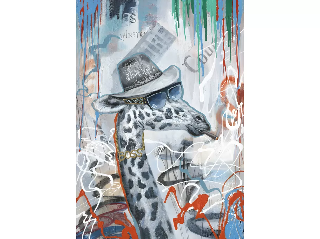 Tableau peinture girafe qui fume 100 x 70 cm style Urbain - The Boss