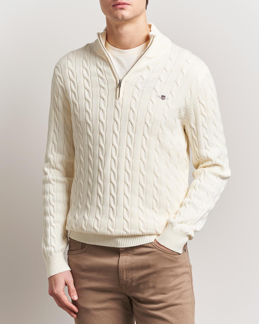 GANT Cotton Cable Half Zip Cream