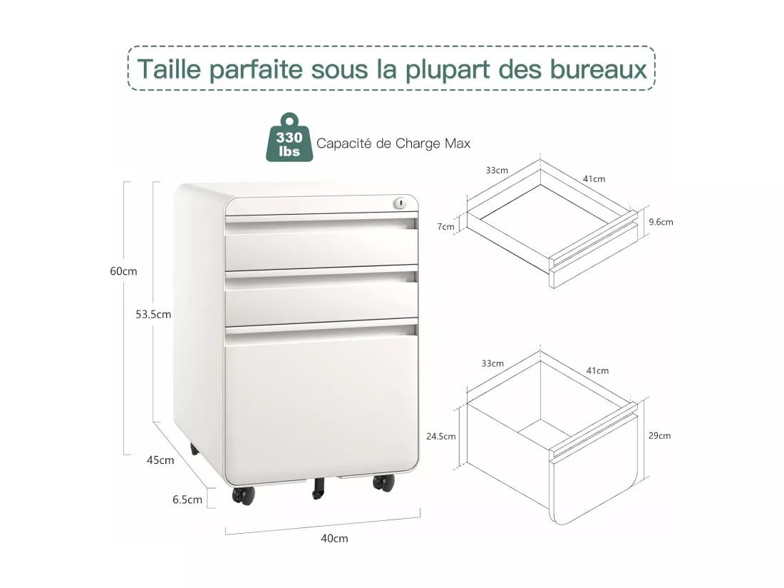 Caisson de Bureau à Roulette 3 Tiroirs,Meuble Dossier Suspendu,Classeur Métal Verrouillable pour Bureau,Bureau à Domicile - 40x45x60cm - Blanc