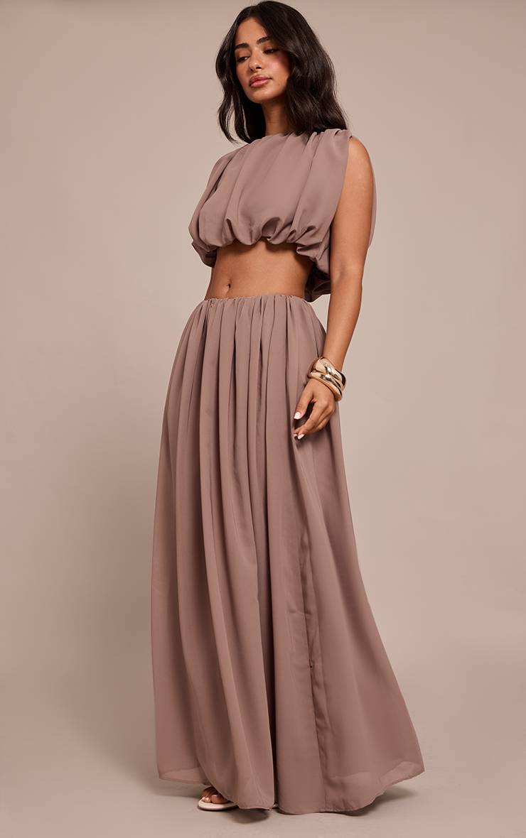 Taupe Jupe Longue Coordonnée En Mousseline À Effet Bouffant Petite Taille