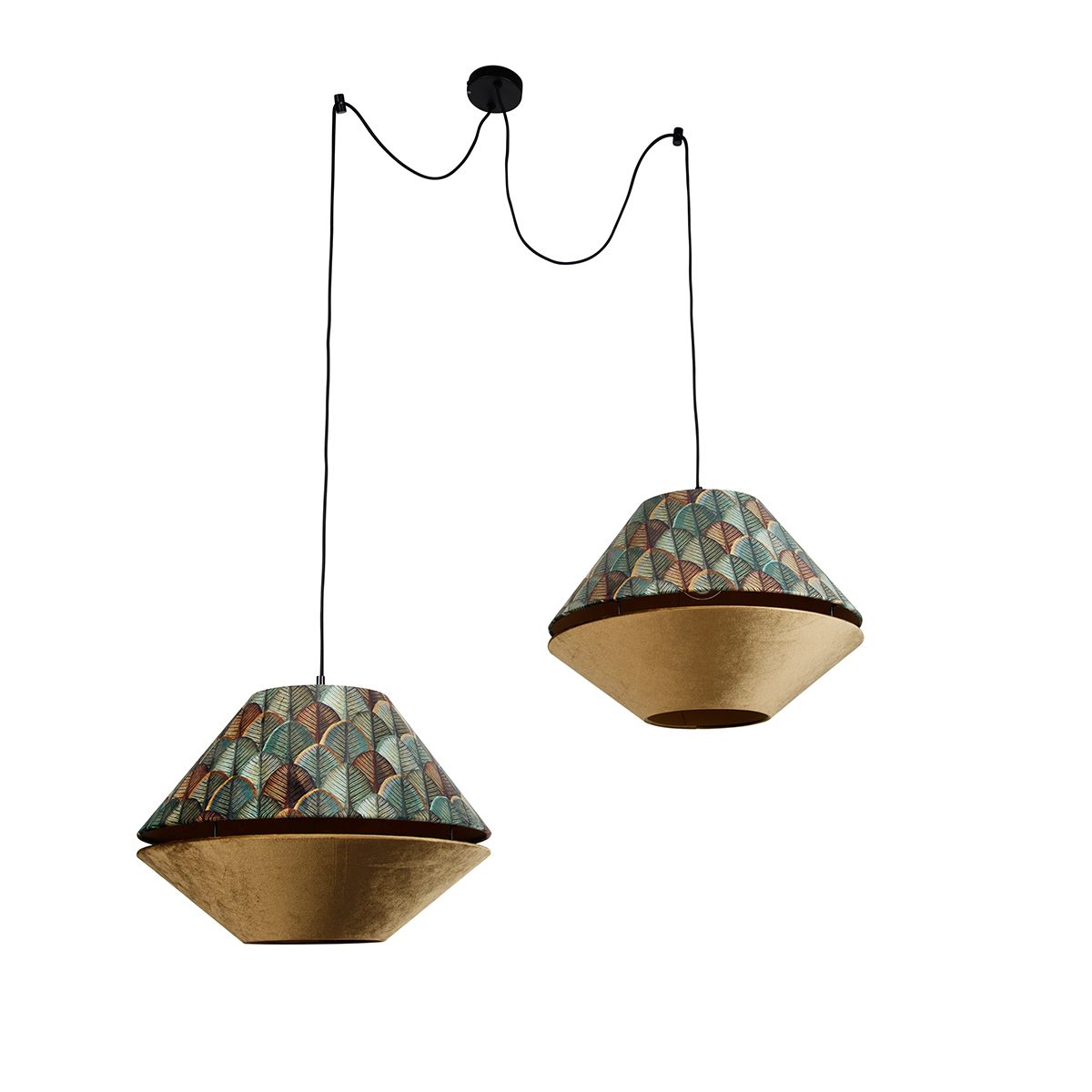 Hanglamp zwart met dubbele velours lampenkap blad dessin en beige 2-lichts - Cava Luxe