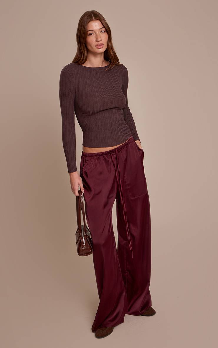Rouge Bordeaux Pantalon Large Taille Basse En Satin Avec Cordon De Serrage