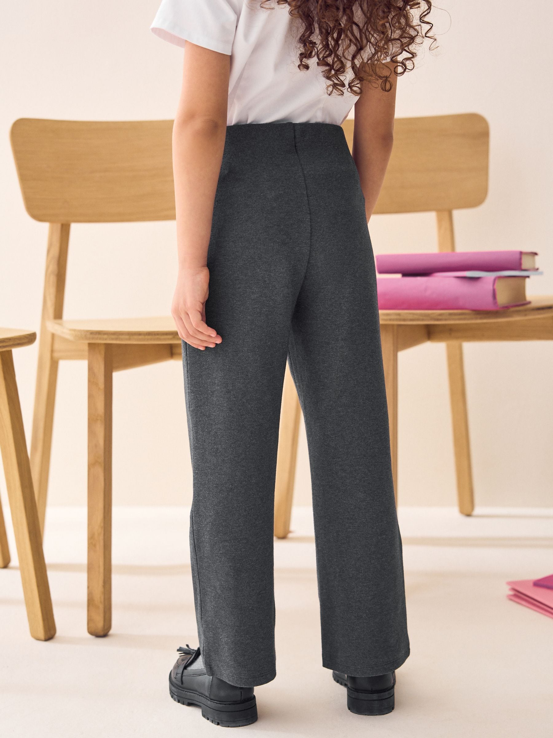 Antraciet - Schoolbroek met hoog aandeel katoen, stretchy, bootcut en elastische tailleband (3 - 16 jr)