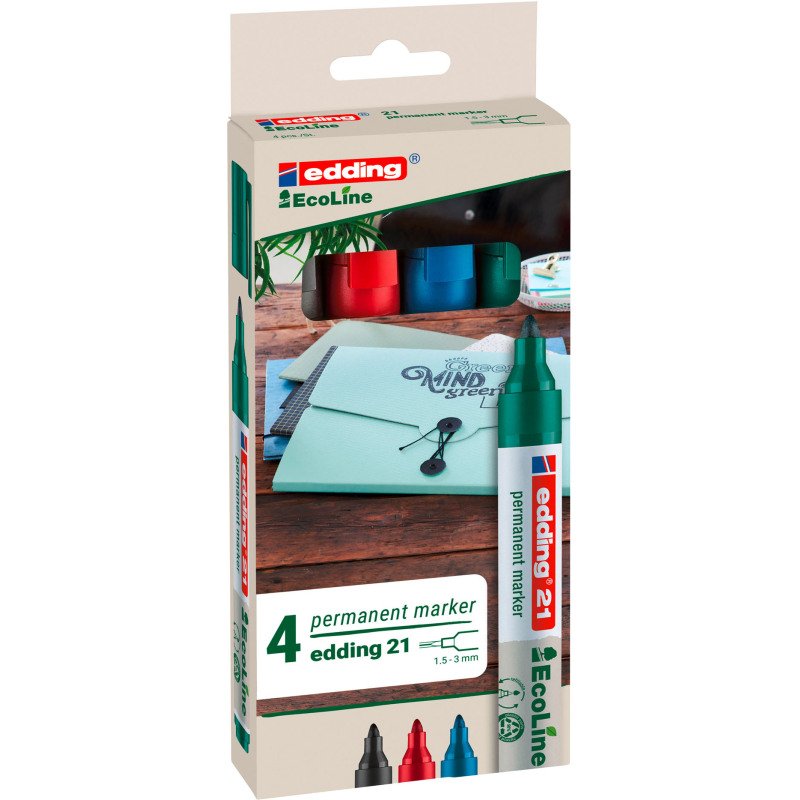 Marqueur permanent Ecoline Edding E21 rechargeables pointe ogive de 1,5 à 3 couleurs assorties - Pochette de 4