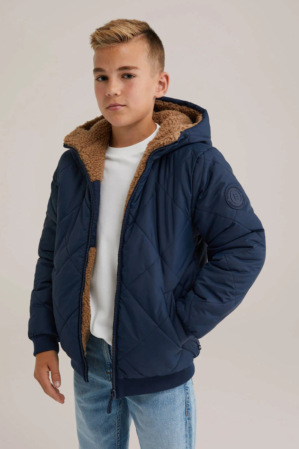 WE Fashion Blue Ridge teddy reversible jas winter donkerblauw