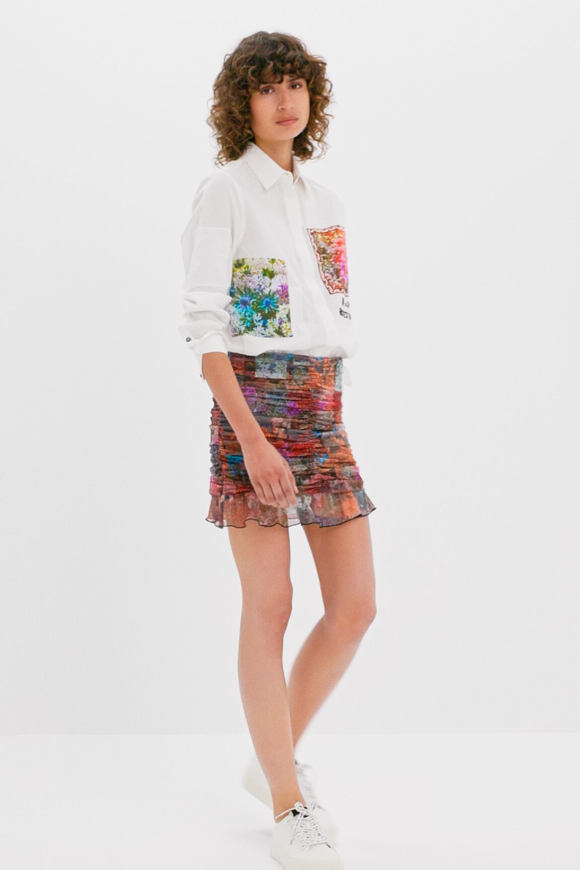 Mini-jupe drapée patchwork floral