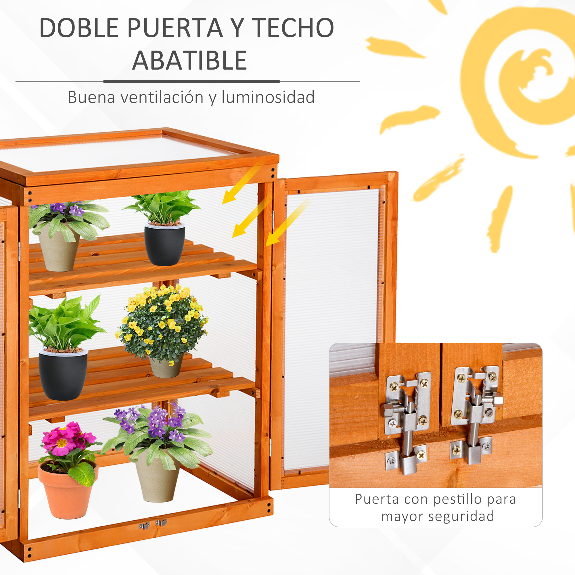 Estufa de jardim Outsunny em madeira e policarbonato, com 3 prateleiras, 2 portas e tampa articulada para cultivo de plantas em terraços ou pátios, 58x44x78 cm, cor natural.