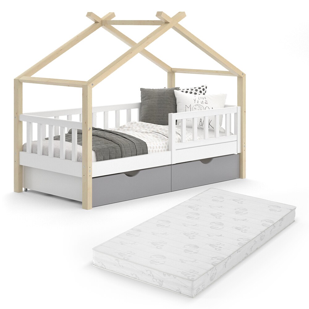 VitaliSpa Kinderbett Hausbett Einzelbett Design Weiß Grau Natur modern 80x160 cm Kinderzimmer Bett Massivholz Lattenrost Schublade Rausfallschutz Schubladenbett Matratze