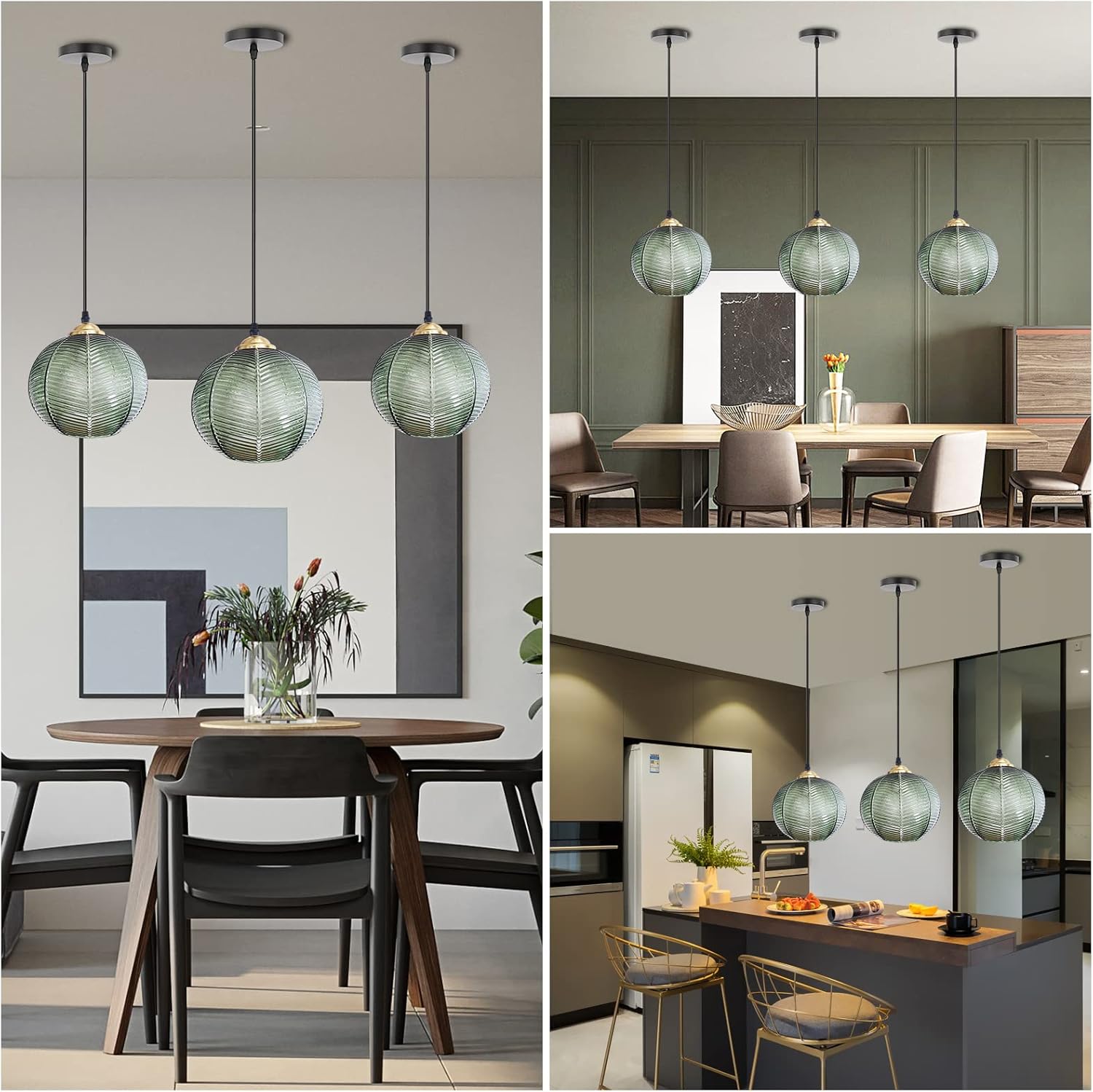 Pendelleuchte Glas Pendelleuchte Esstisch Grüne Hängelampe 3er Moderne Höhenverstellbar Pendellampe Grün Hängeleuchte Esszimmer Wohnzimmer Küche Bar Esszimmerlampe Hängend, E26(3Pack)
