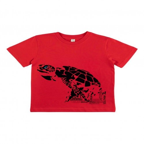 Camiseta infantil de manga curta com estampa de totem animal, em algodão orgânico, tartaruga vermelha.