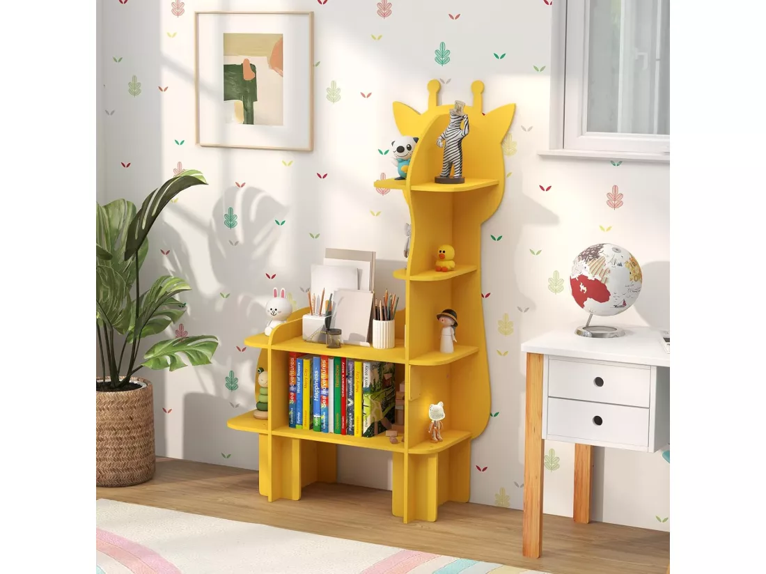 Étagère à livres enfant à 4 niveaux en forme girafe avec étagères ouvertes