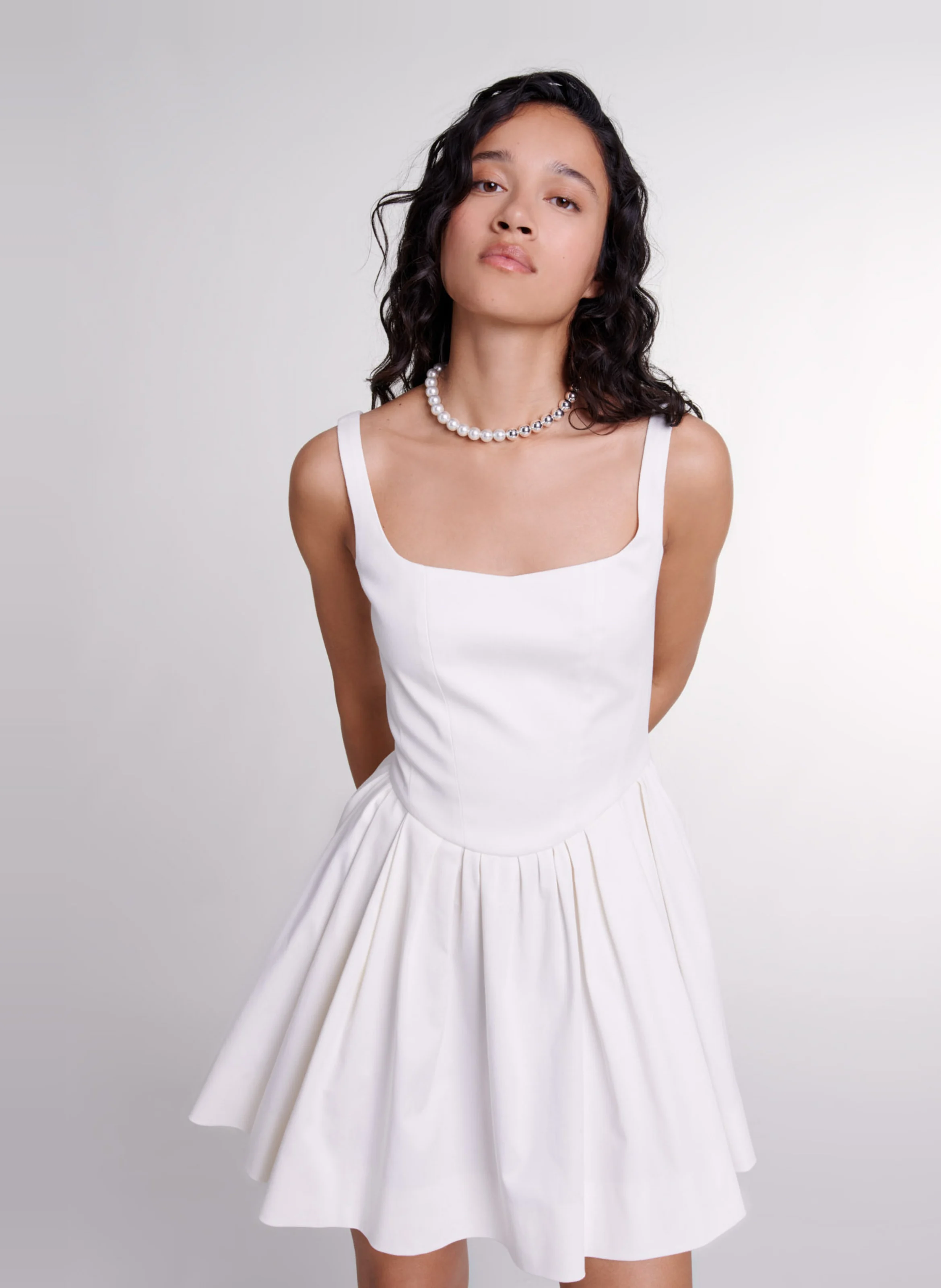 Robe courte évasée col carré en coton mélangé | Blanc